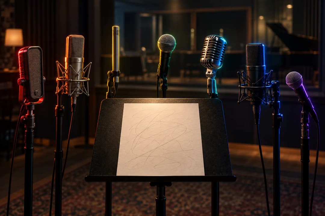 Seven different studio microphones lined up behind one sheet of paper on a music stand, each lit by a different colored light