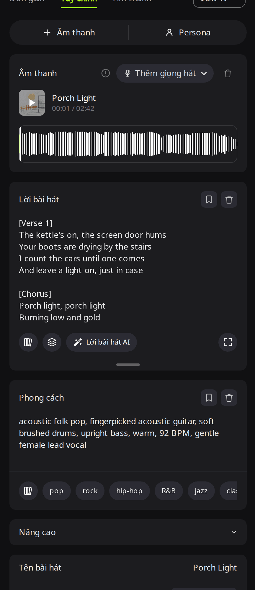 Biểu mẫu Thêm giọng hát của RaoMusic với bản nhạc không lời Porch Light trong khối Âm thanh, lời bài hát có thẻ Verse và Chorus trong ô Lời bài hát, và phong cách acoustic folk kèm giọng nữ trong ô Phong cách
