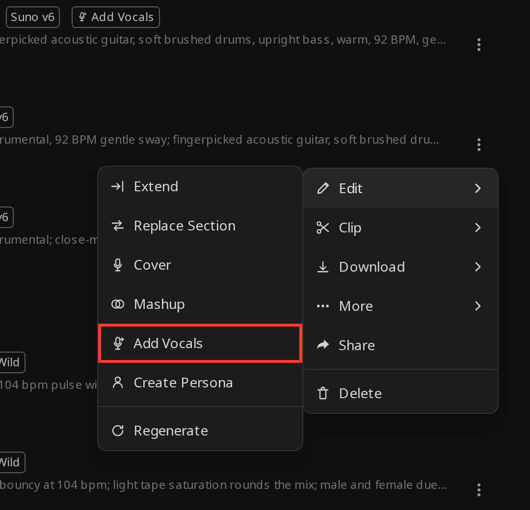 RaoMusic song menu opened on an instrumental, with the Edit submenu showing Extend, Replace Section, Cover, Mashup, Add Vocals and Create Persona, and Add Vocals outlined in red