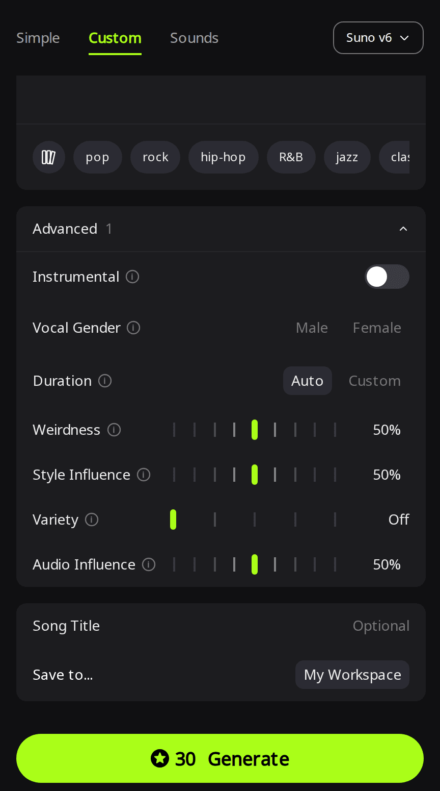 RaoMusic Advanced panel in Custom mode with Duration on Auto, Variety set to Off and a Generate button showing 30 credits for Suno v6