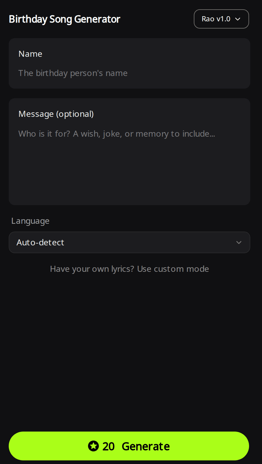 RaoMusic Birthday Song Generator form with a Name field, an optional Message box, a Language menu set to Auto-detect and a Generate button showing 20 credits
