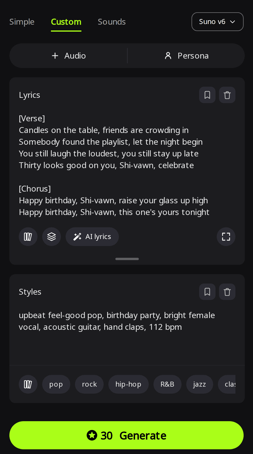 RaoMusic Create page in Custom mode with Suno v6 selected, the Lyrics box showing a birthday verse and chorus with the name written as Shi-vawn, and a party-pop style line in the Styles box
