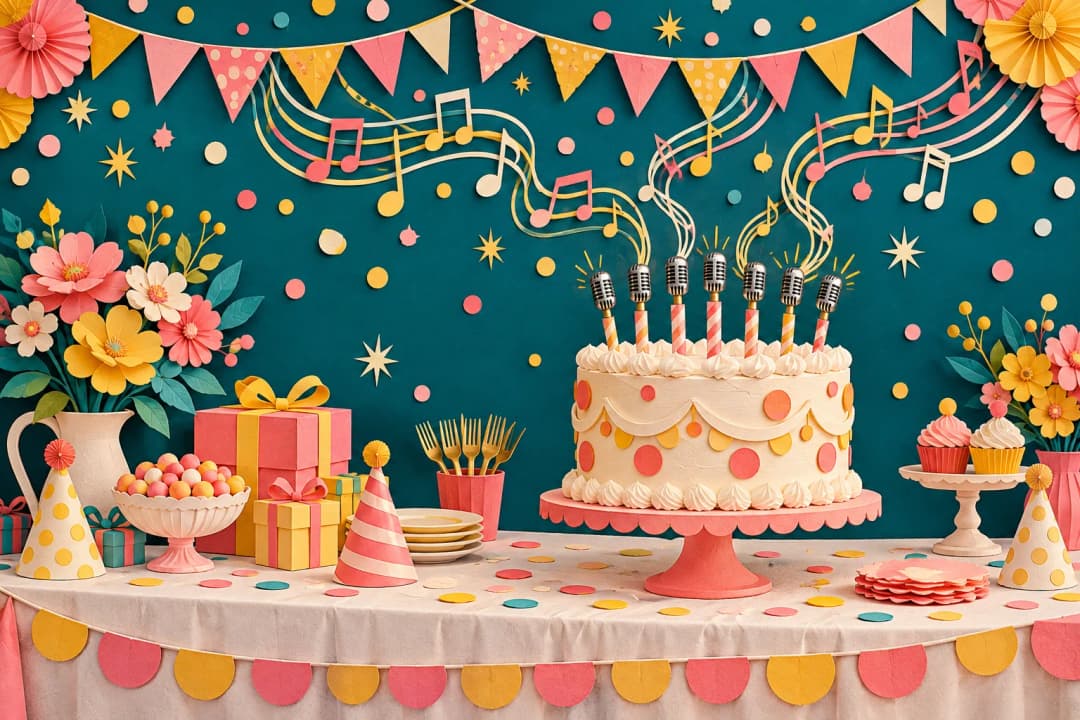Paper-cut illustration of a birthday cake whose candles are topped with tiny vintage microphones, musical notes rising toward party bunting above a table of gifts