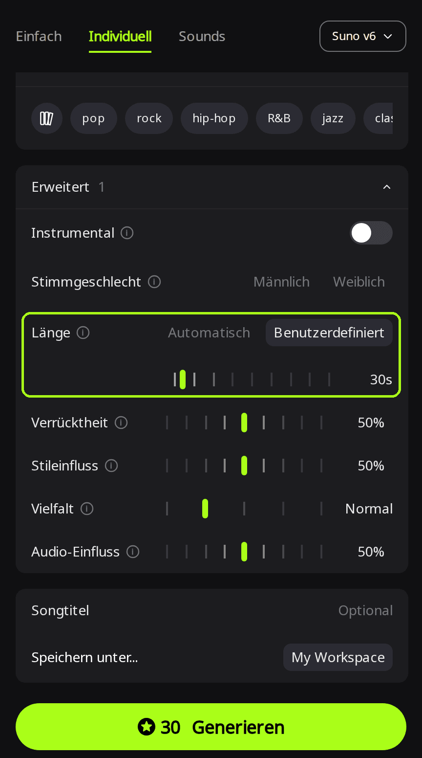 Geöffneter Bereich Erweitert auf der Seite Erstellen, die Einstellung Länge grün umrandet, auf Benutzerdefiniert und 30s gestellt, und eine Schaltfläche Generieren mit 30 Credits