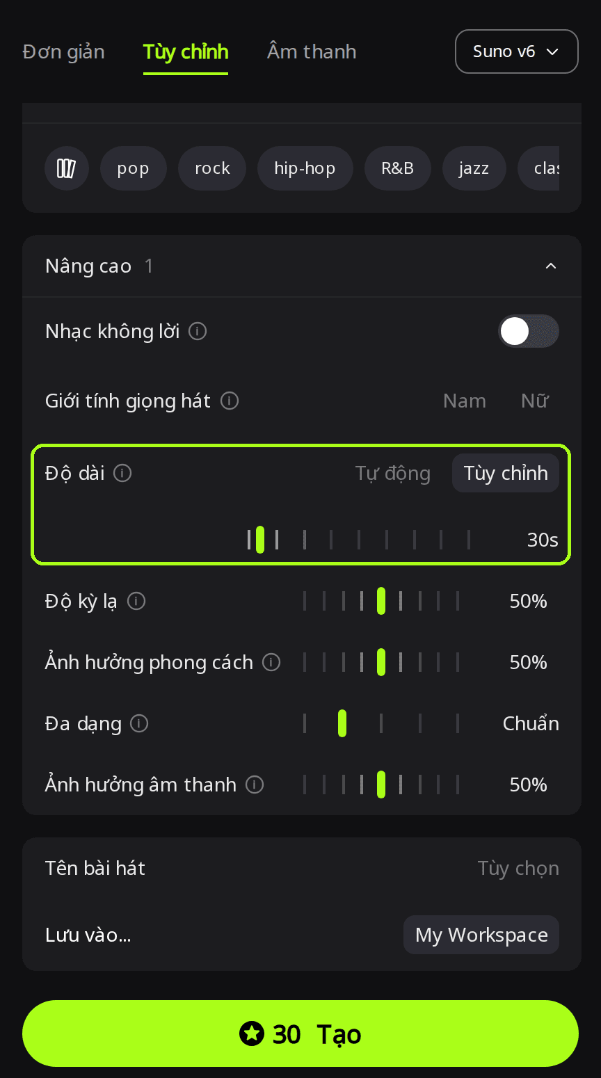 Bảng Nâng cao đang mở trên trang Tạo mới, mục Độ dài được khoanh viền xanh lá, chuyển sang Tùy chỉnh và đặt 30 giây, nút Tạo hiển thị 30 điểm