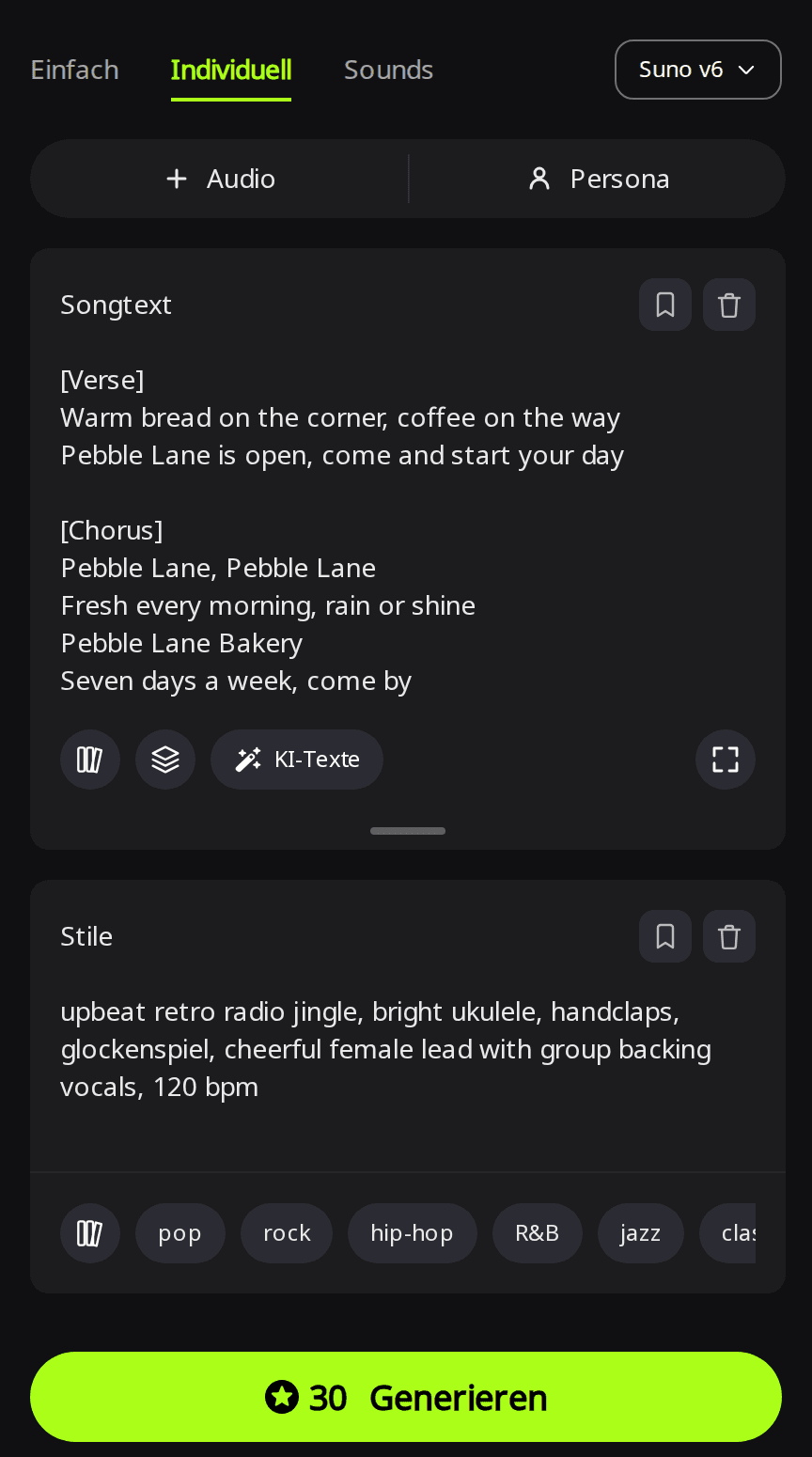 RaoMusic-Seite Erstellen im Modus Individuell mit ausgewähltem Suno v6, dem Jingle-Text für Pebble Lane Bakery im Feld Songtext und der Retro-Radiojingle-Beschreibung im Feld Stile