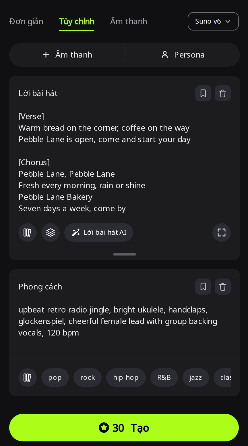 Trang Tạo mới của RaoMusic ở chế độ Tùy chỉnh, đã chọn Suno v6, lời jingle cho Pebble Lane Bakery trong ô Lời bài hát và mô tả jingle radio phong cách retro trong ô Phong cách