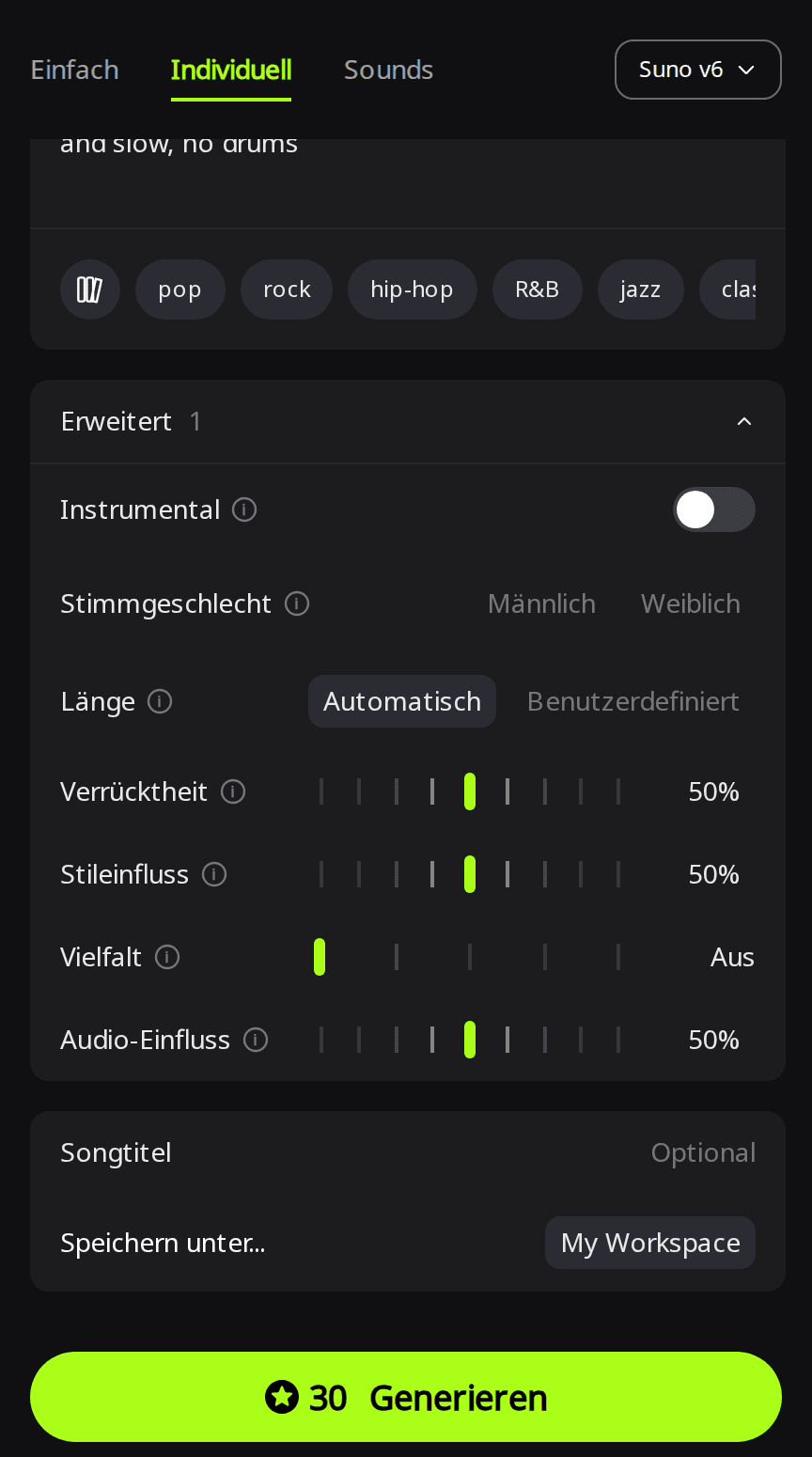 RaoMusic-Seite Erstellen im Modus Individuell mit ausgewähltem Suno v6, geöffnetem Bereich Erweitert, Länge auf Automatisch, Vielfalt auf Aus und einer Schaltfläche Generieren mit 30 Credits