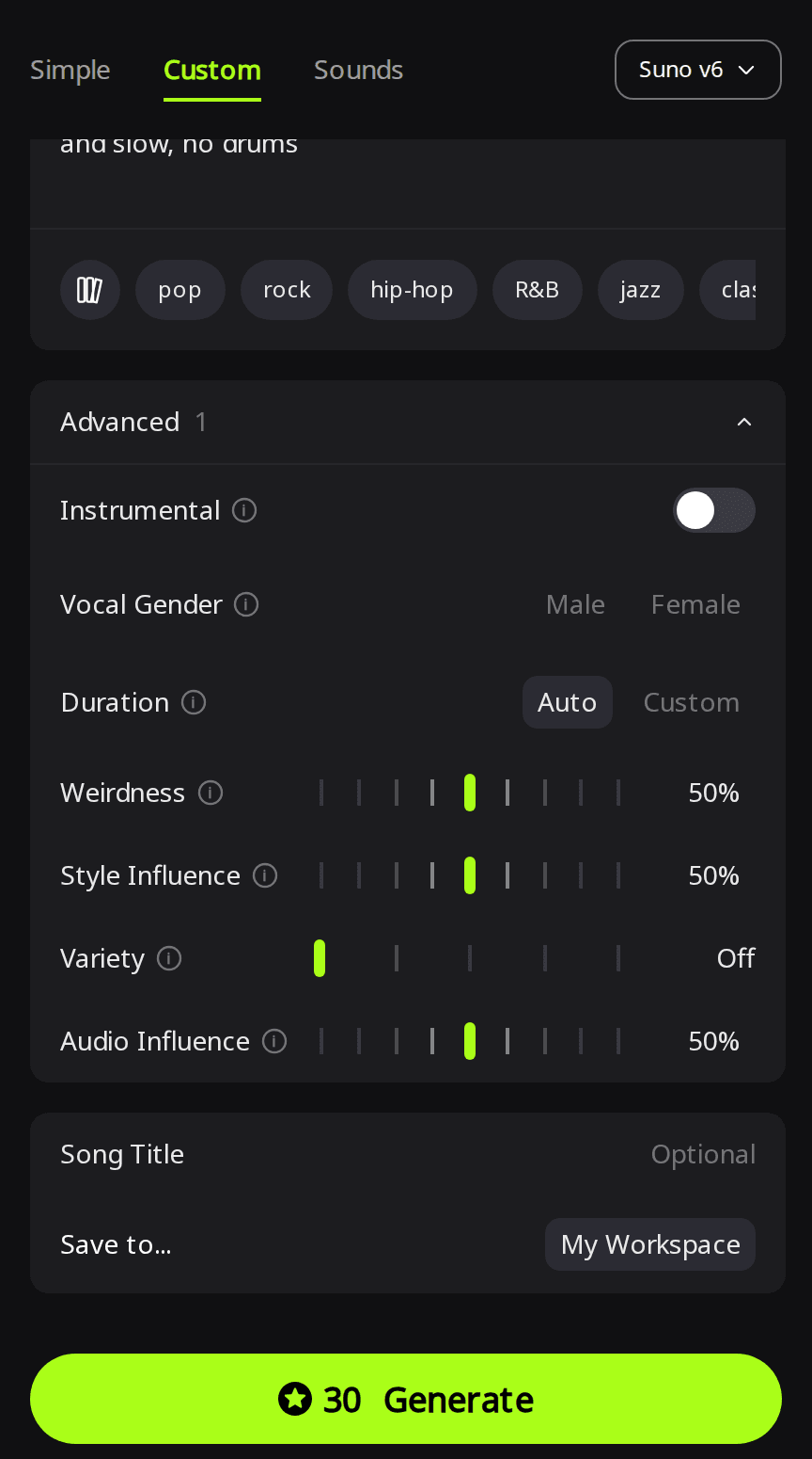 RaoMusic Create page in Custom mode with Suno v6 selected, the Advanced panel open, Duration on Auto and Variety set to Off, and a Generate button showing 30 credits