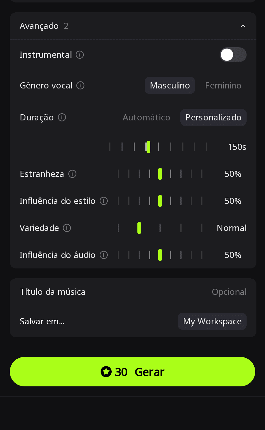 Painel Avançado da RaoMusic com Gênero vocal em Masculino, Duração em Personalizado com 150 segundos e o botão Gerar mostrando 30 créditos