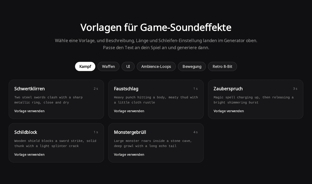 Bereich mit Vorlagen für Game-Soundeffekte mit den Tabs Kampf, Waffen, UI, Ambience-Loops, Bewegung und Retro 8-Bit sowie Karten wie Schwertklirren und Monstergebrüll