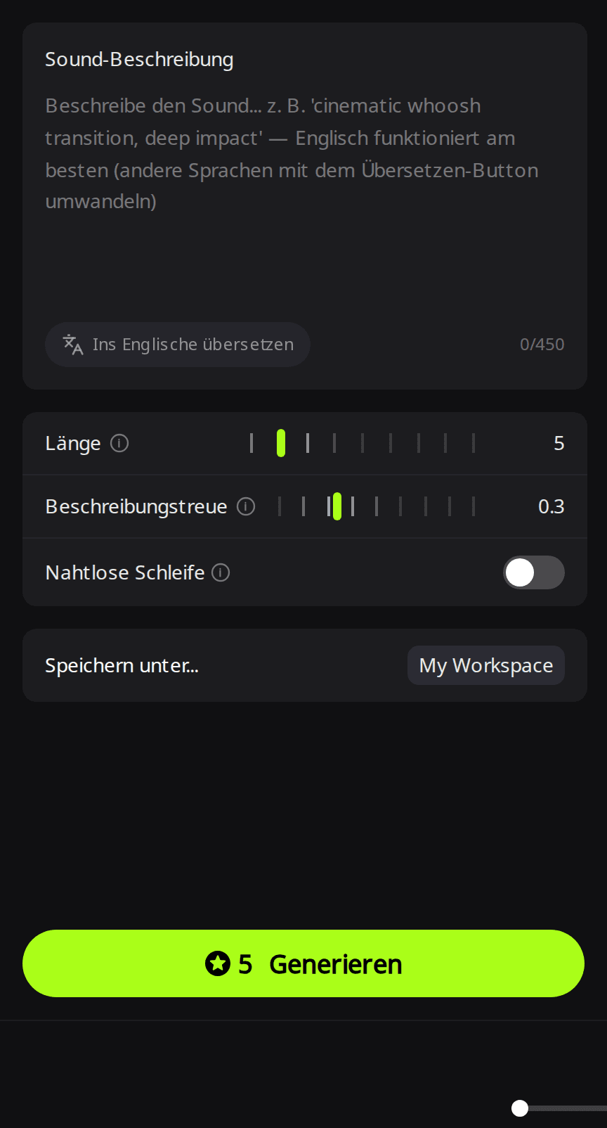 Sounds-Tab von RaoMusic mit dem Feld Sound-Beschreibung, Länge auf 5, Beschreibungstreue auf 0,3, einem Schalter für Nahtlose Schleife und einem grünen Generieren-Button mit 5 Credits