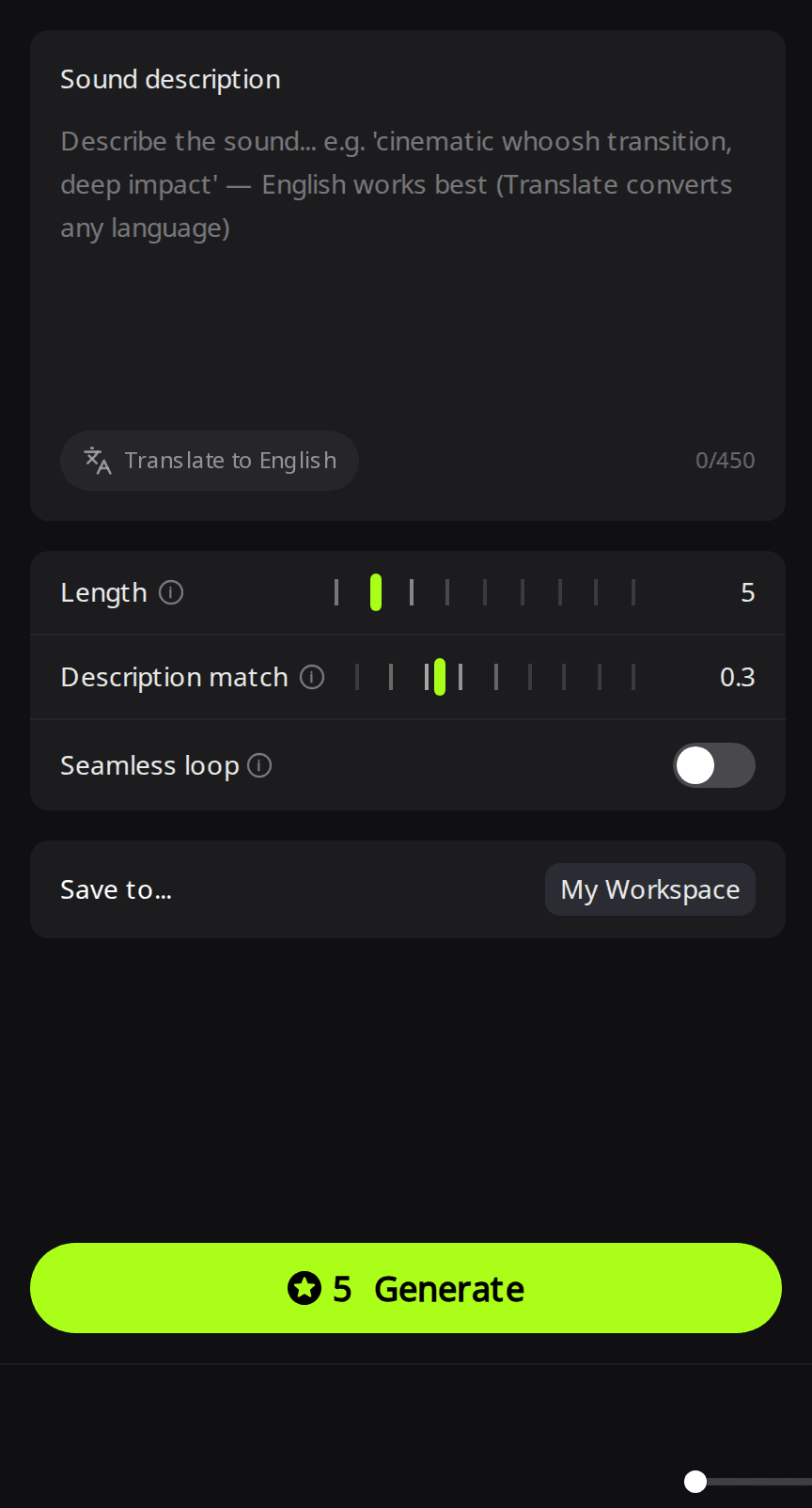 RaoMusic Sounds tab with a Sound description box, Length set to 5, Description match at 0.3, a Seamless loop switch and a green Generate button showing 5 credits