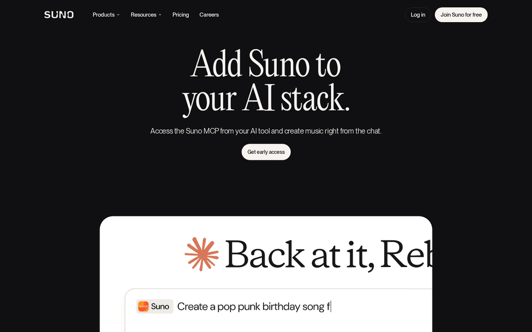 Add Suno to your AI stack이라는 제목과 Get early access 버튼이 있는 Suno의 MCP 페이지