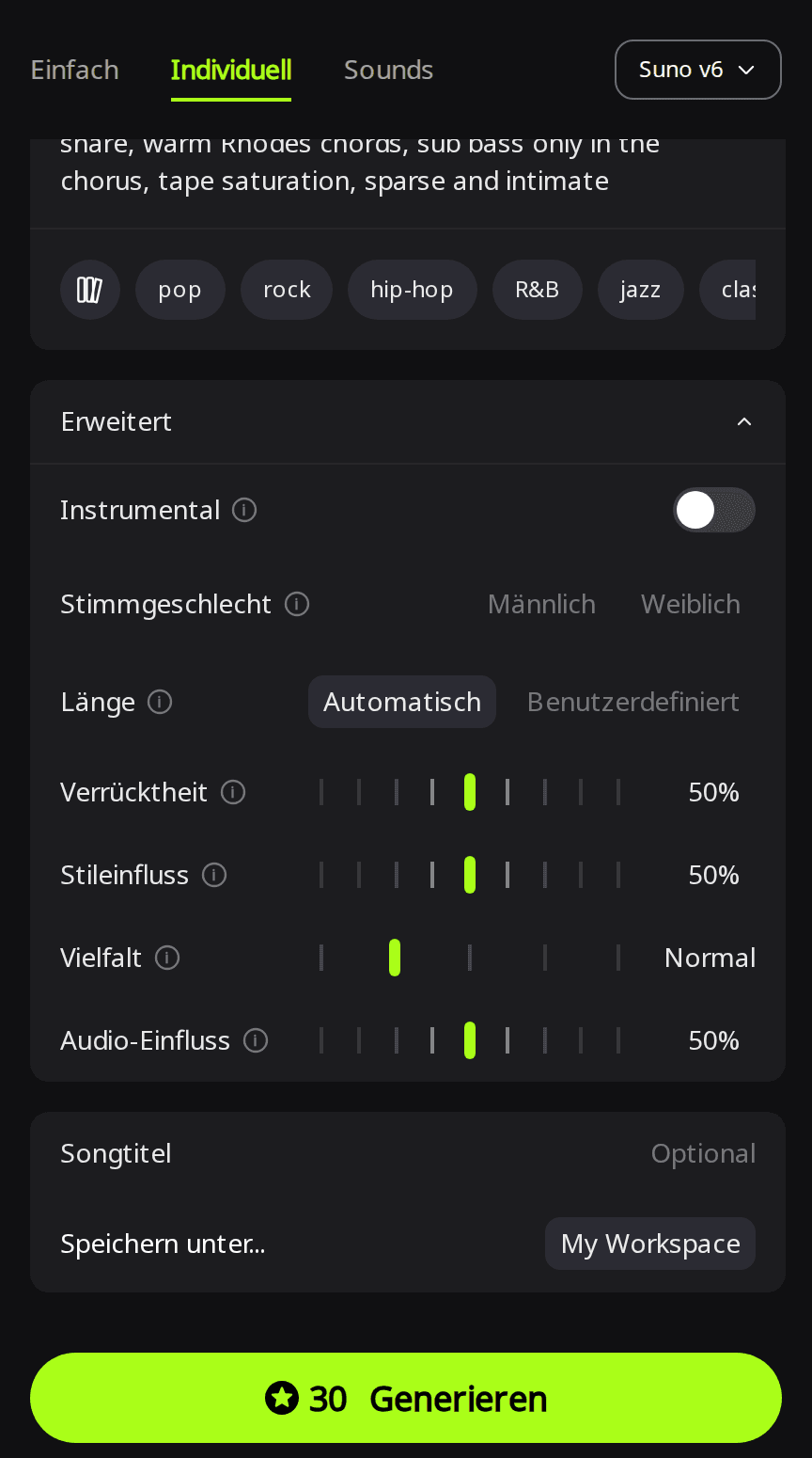 RaoMusic im Modus „Individuell“ mit ausgewähltem Suno v6 und geöffnetem Bereich „Erweitert“: „Länge“ steht auf „Automatisch“, darunter die Regler „Verrücktheit“, „Stileinfluss“ und „Vielfalt“