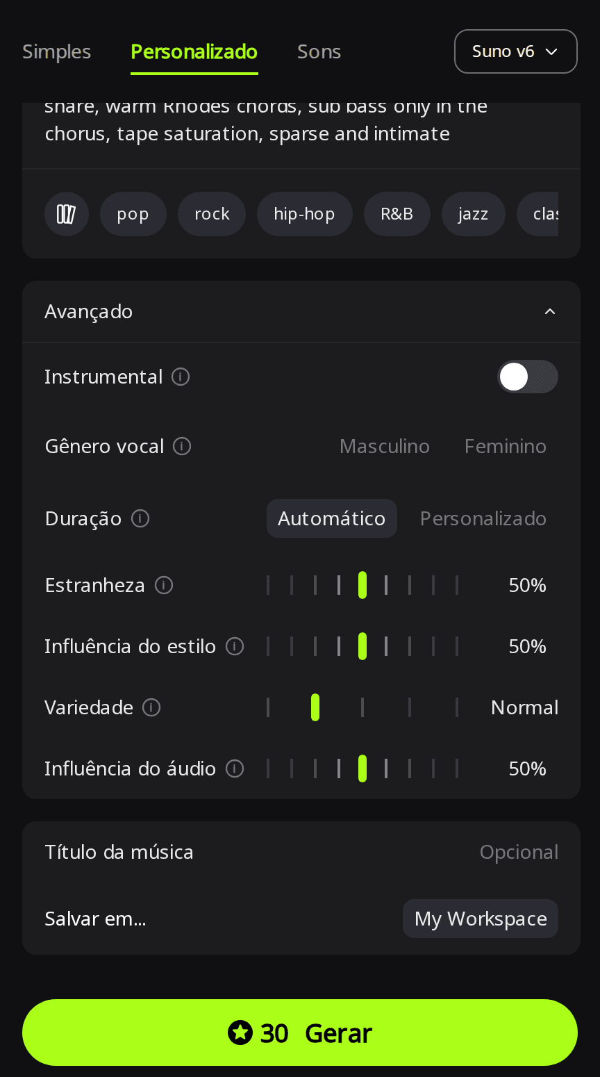 Modo Personalizado da RaoMusic com o Suno v6 selecionado e o painel Avançado aberto, mostrando Duração em Automático acima dos controles Estranheza, Influência do estilo e Variedade