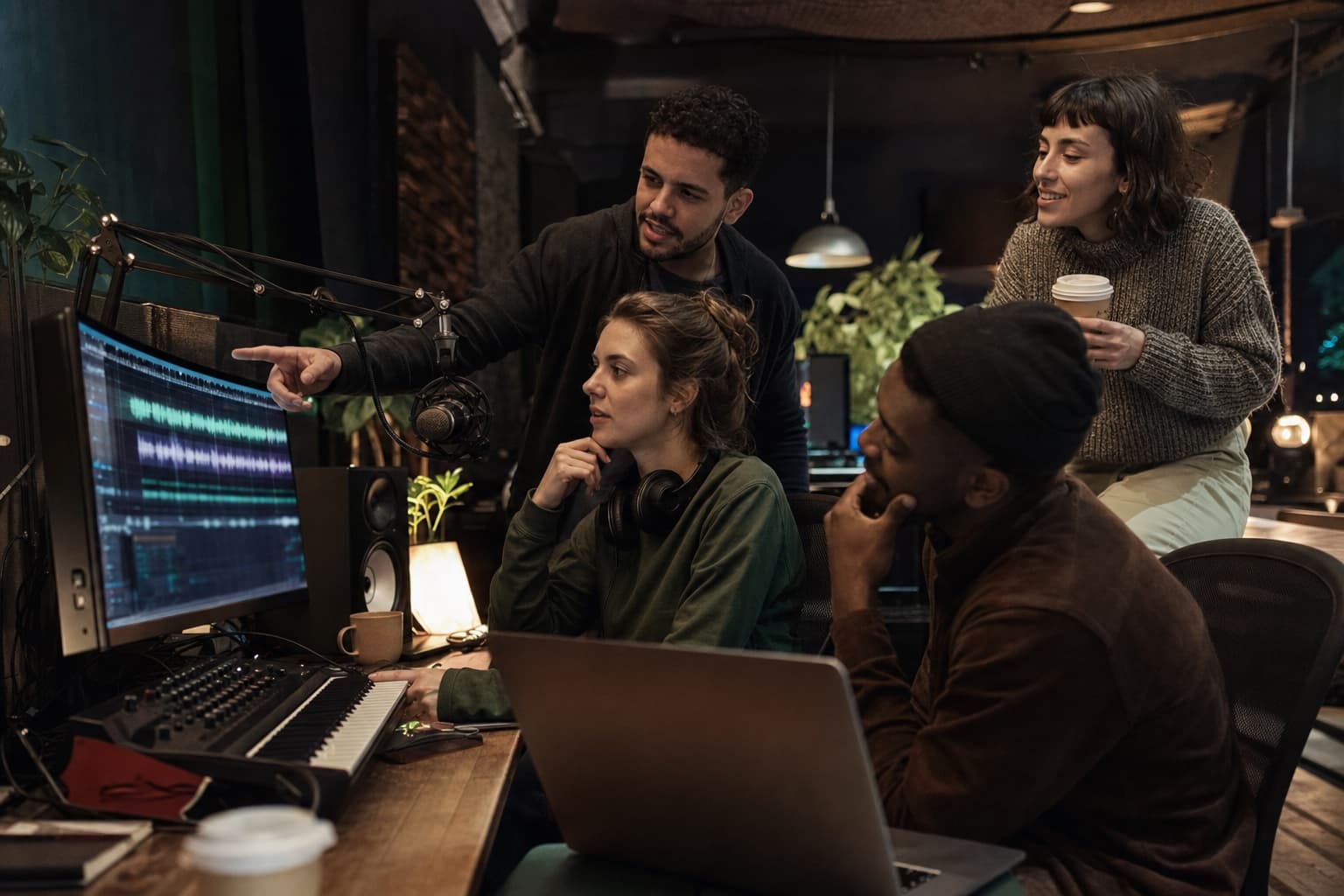 A equipe da RaoMusic trabalhando junta em nosso estúdio de produção musical