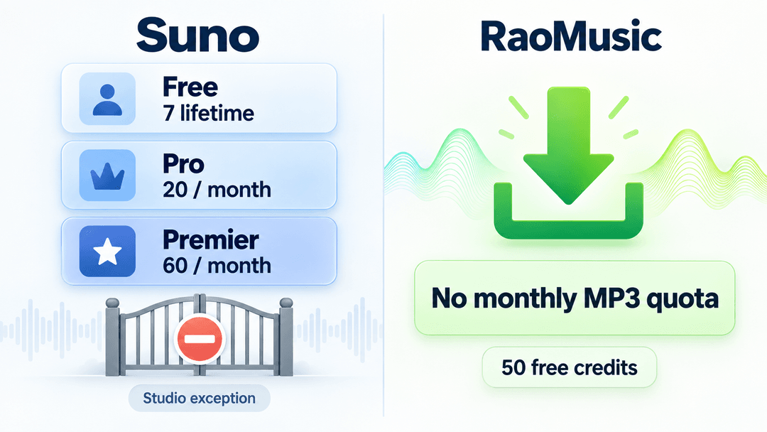 Suno download limits by plan compared with RaoMusic, which has no monthly MP3 quota