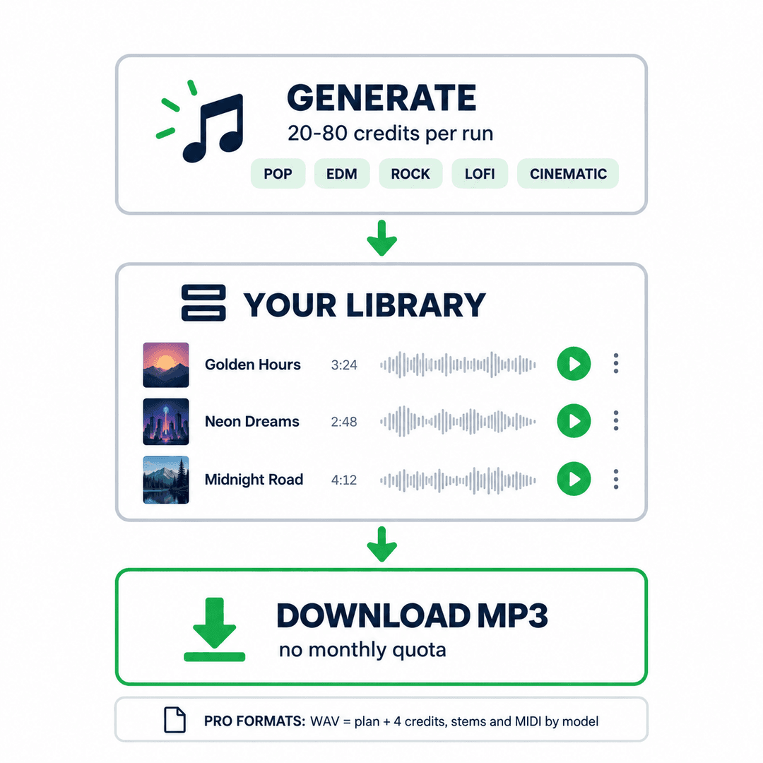 透明费用说明:每次运行的生成积分、无月度配额的MP3,以及WAV和音轨分离的要求