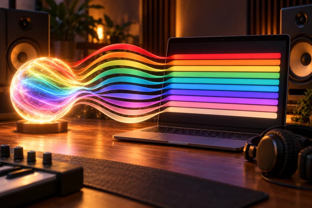 A glowing sphere of sound unravels into colored ribbons that settle as parallel bands on a laptop screen, like stems lined up as tracks, on a producer desk with studio monitors