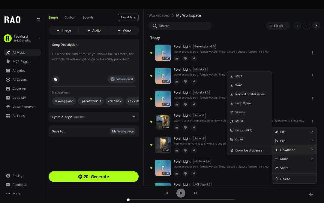 RaoMusic song menu with the Download submenu showing the Stems option