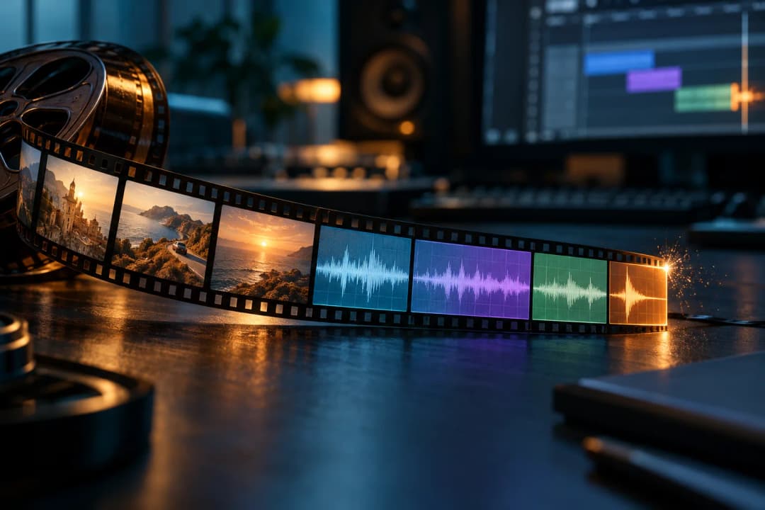 A strip of film unspooling across a dark desk, its frames turning into colored audio clips on an editing timeline, with a spark at the last frame marking a sound effect hit
