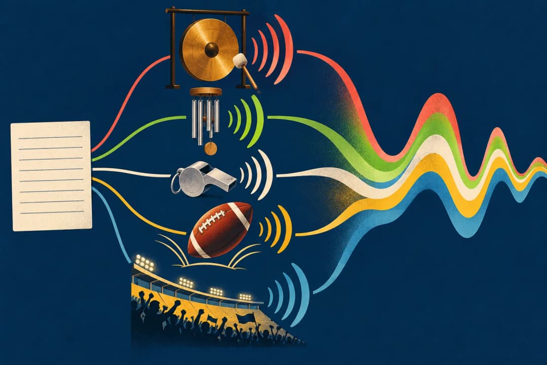 Illustration of a blank prompt card branching to a gong, wind chimes, a whistle, a bouncing football and a cheering stadium crowd, whose sound waves merge into one layered waveform, representing several sounds from one SFX v3 prompt