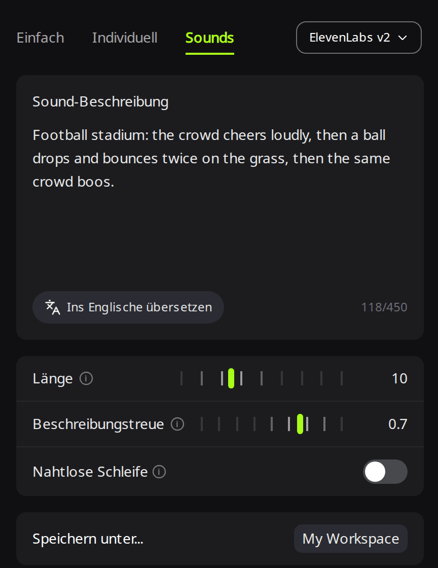 RaoMusic-Seite „Erstellen“ mit ausgewähltem ElevenLabs im Tab Sounds, ausgefüllter Sound-Beschreibung, Länge 10 und Beschreibungstreue 0,7
