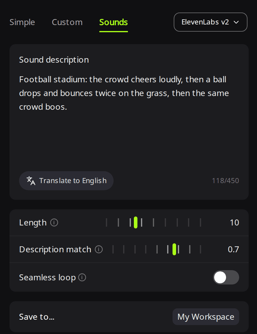 RaoMusic Create page with ElevenLabs selected on the Sounds tab, a sound description filled in, Length set to 10 and Description match set to 0.7