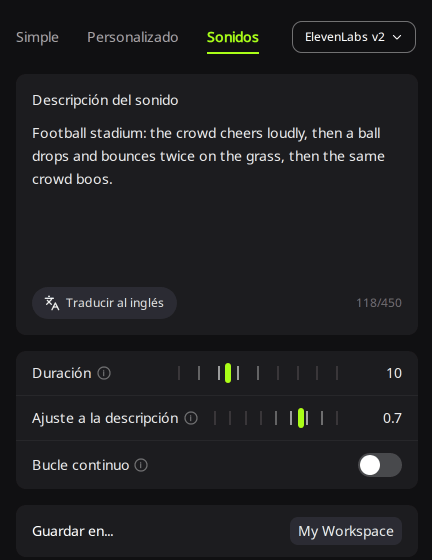 Página Crear de RaoMusic con ElevenLabs seleccionado en la pestaña Sonidos, una descripción del sonido escrita, Duración en 10 y Ajuste a la descripción en 0,7