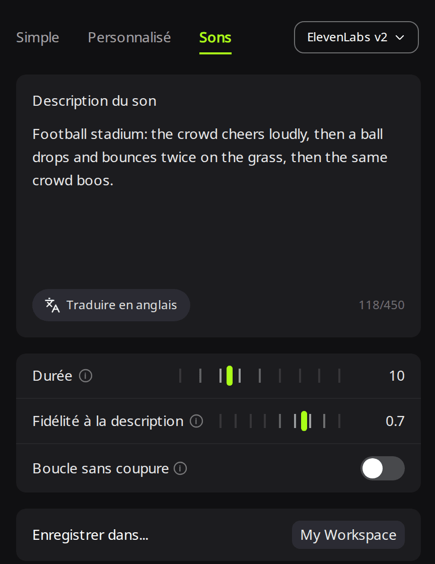 Page Créer de RaoMusic avec ElevenLabs sélectionné dans l'onglet Sons, une description du son saisie, la Durée réglée sur 10 et la Fidélité à la description sur 0,7