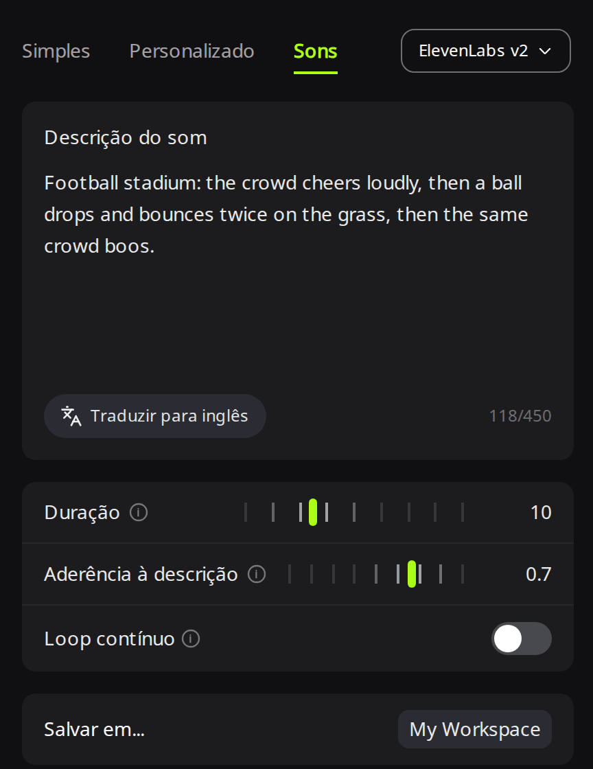 Página Criar do RaoMusic com ElevenLabs selecionado na aba Sons, uma descrição do som preenchida, Duração em 10 e Aderência à descrição em 0,7