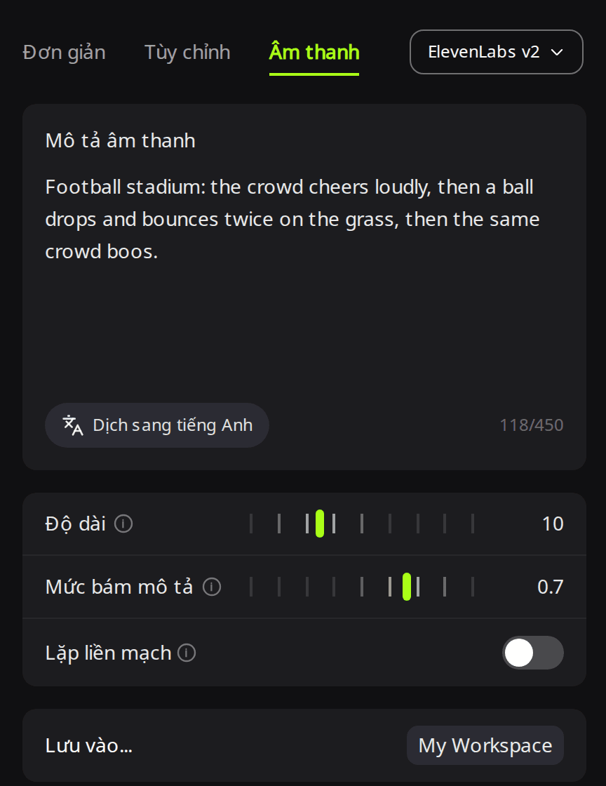 Trang Tạo mới của RaoMusic với ElevenLabs được chọn ở tab Âm thanh, ô mô tả âm thanh đã điền, Độ dài đặt 10 và Mức bám mô tả đặt 0,7