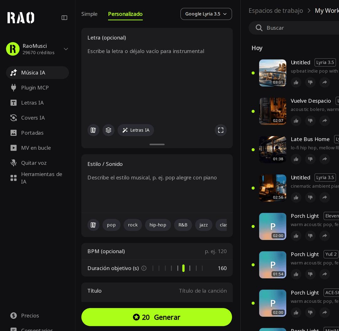 Página de creación de RaoMusic en modo Personalizado con Google Lyria 3.5 seleccionado, con los campos Letra, Estilo / Sonido, BPM, Duración objetivo y Título, y un botón Generar de 20 créditos
