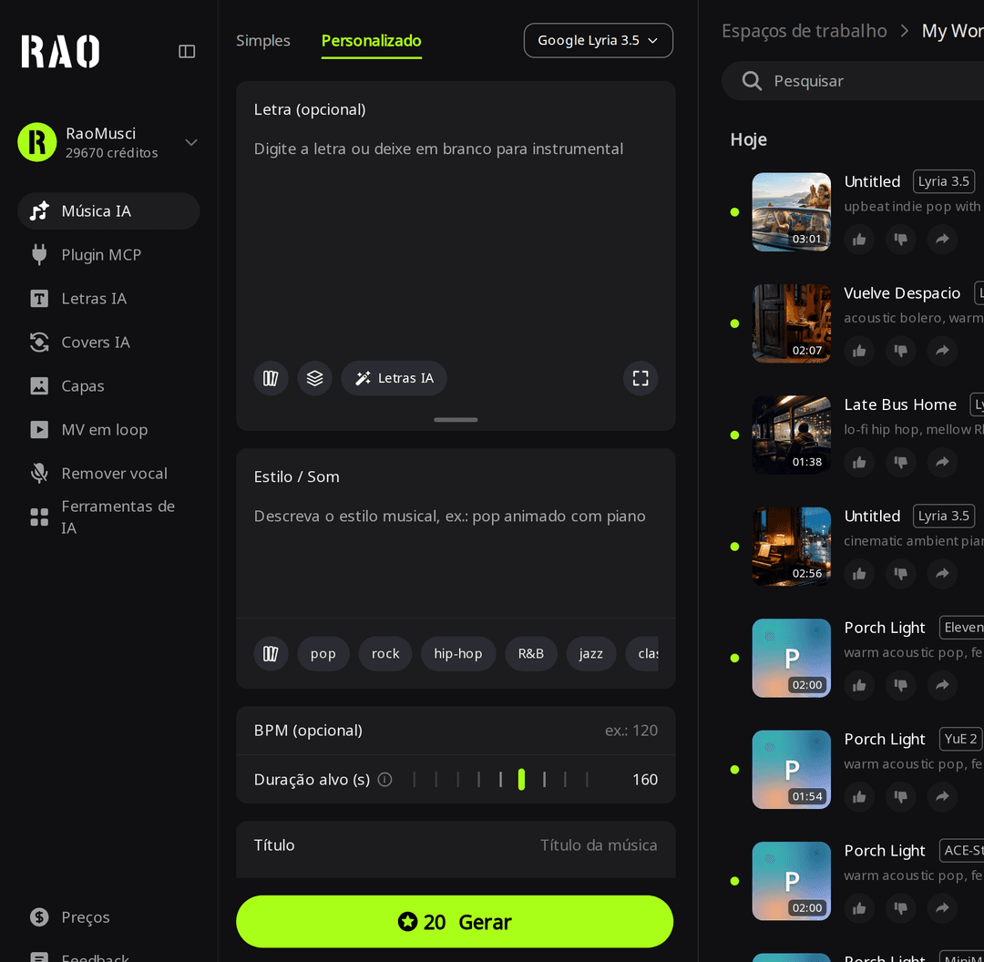 Página de criação do RaoMusic no modo Personalizado com o Google Lyria 3.5 selecionado, mostrando os campos Letra, Estilo / Som, BPM, Duração alvo e Título, e um botão Gerar de 20 créditos
