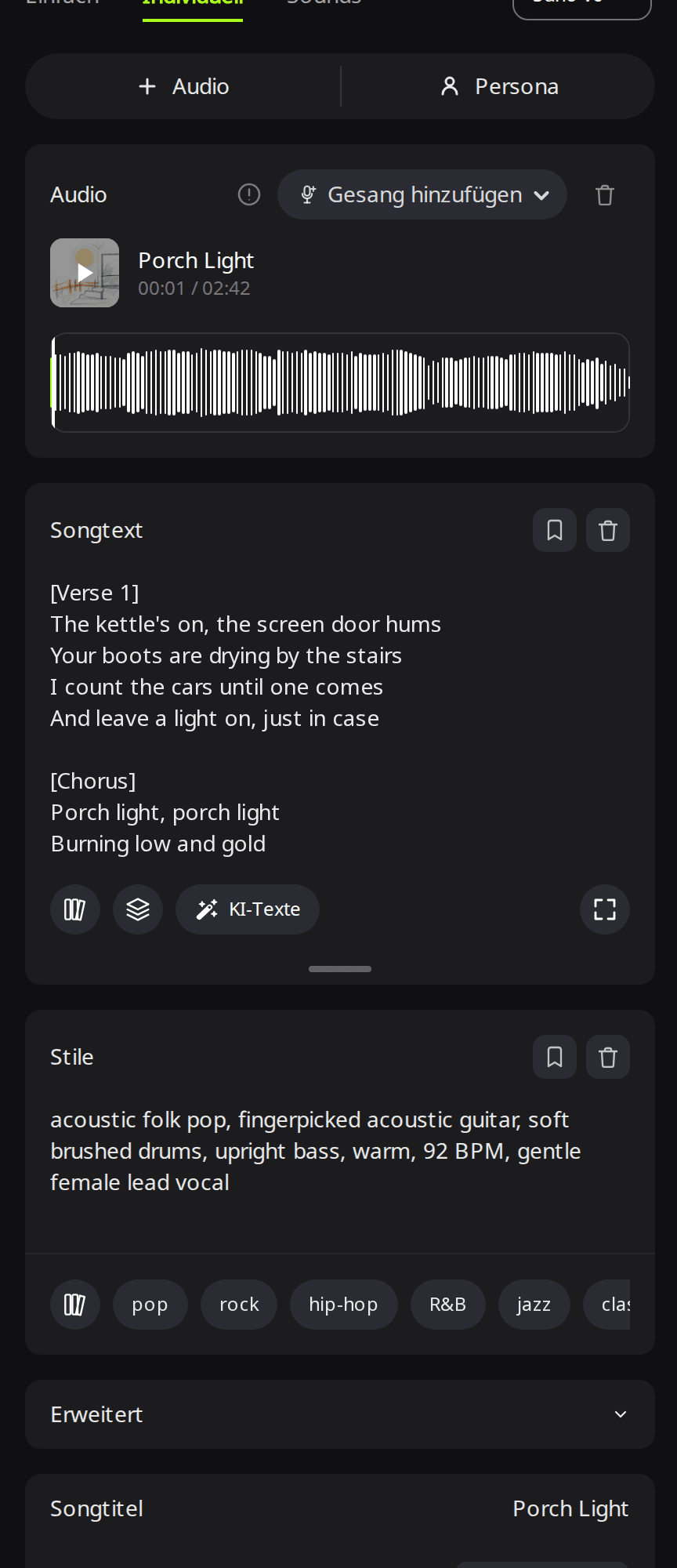 Formular Gesang hinzufügen bei RaoMusic: Das Instrumental Porch Light ist im Audio-Block geladen, im Feld Songtext steht ein Text mit Verse- und Chorus-Tags, im Feld Stile ein Akustik-Folk-Stil mit weiblicher Stimme
