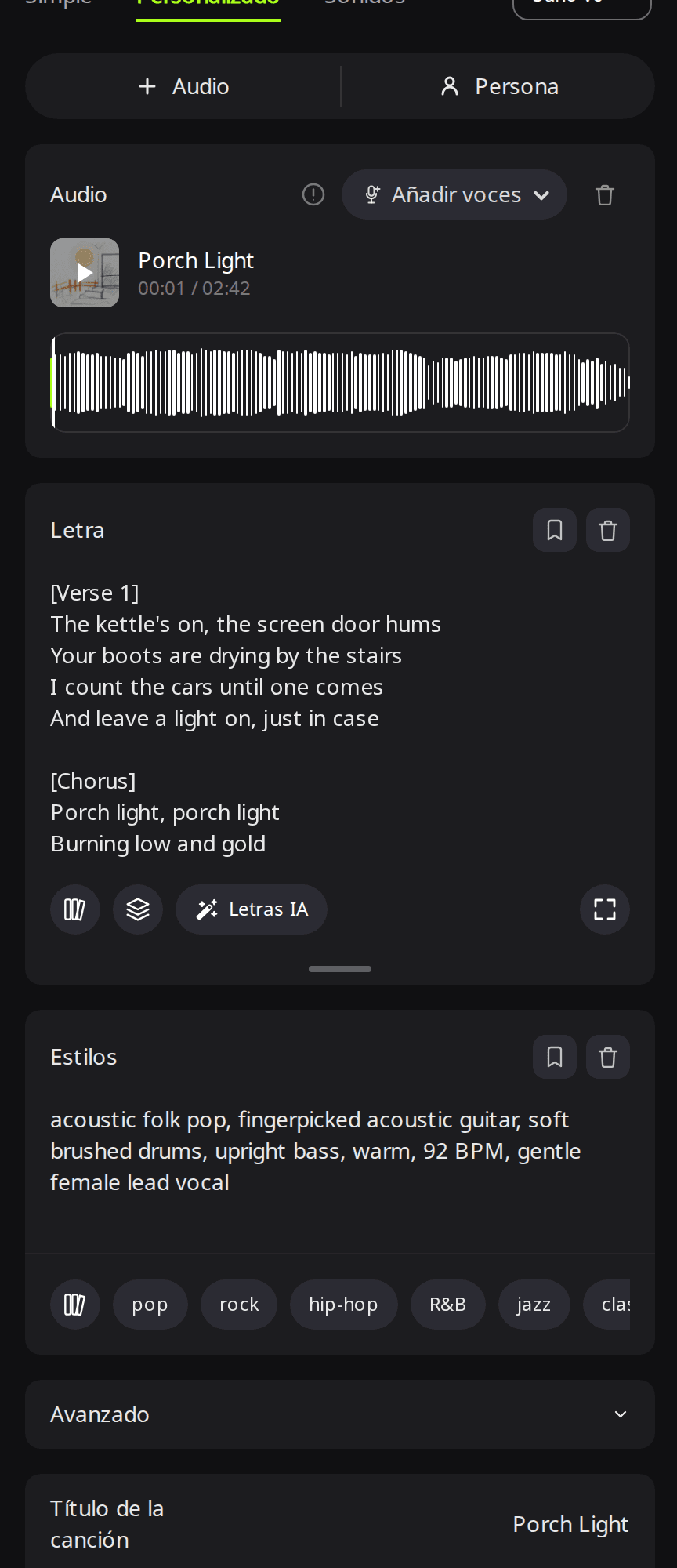 Formulario Añadir voces de RaoMusic con el instrumental Porch Light cargado en el bloque Audio, una letra con etiquetas Verse y Chorus en el cuadro Letra y un estilo folk acústico con voz femenina en el cuadro Estilos
