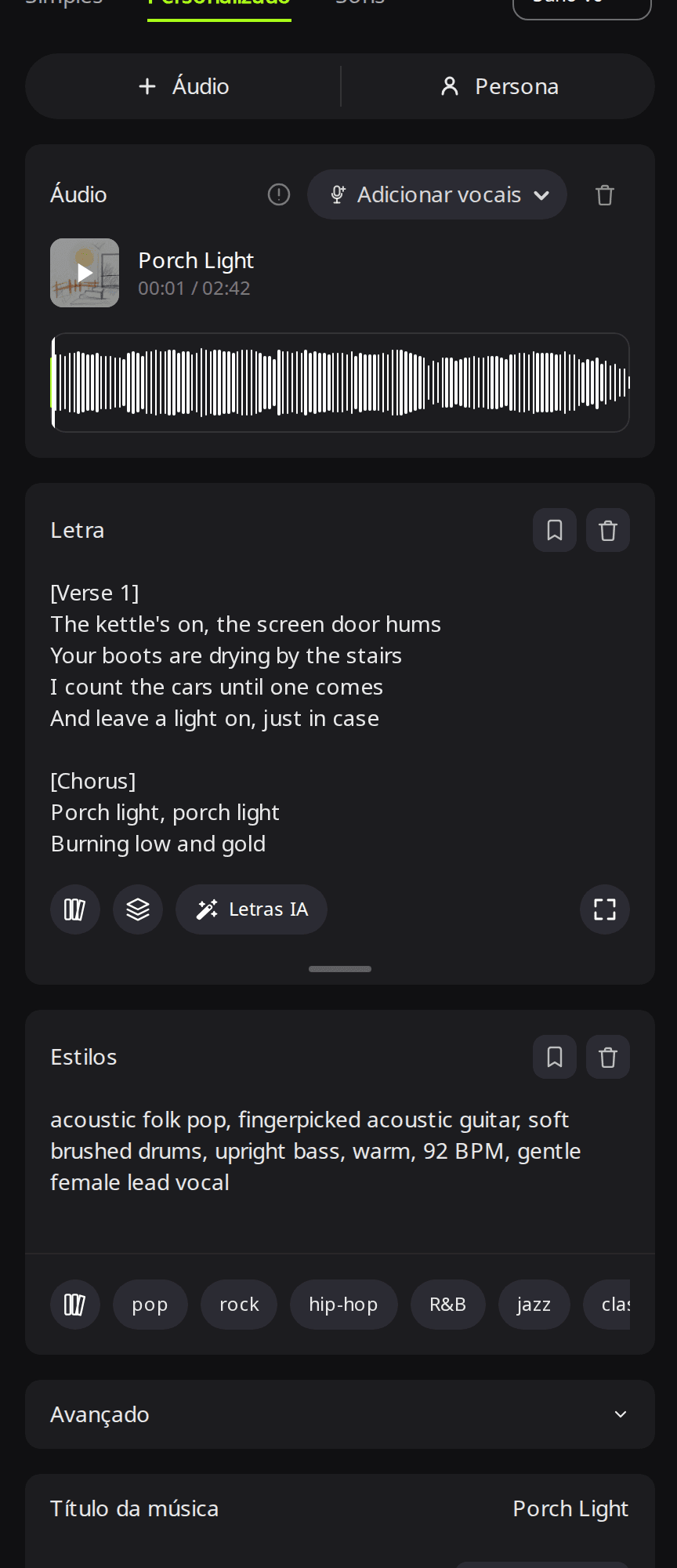 Formulário Adicionar vocais do RaoMusic com o instrumental Porch Light carregado no bloco Áudio, uma letra com tags Verse e Chorus na caixa Letra e um estilo folk acústico com voz feminina na caixa Estilos