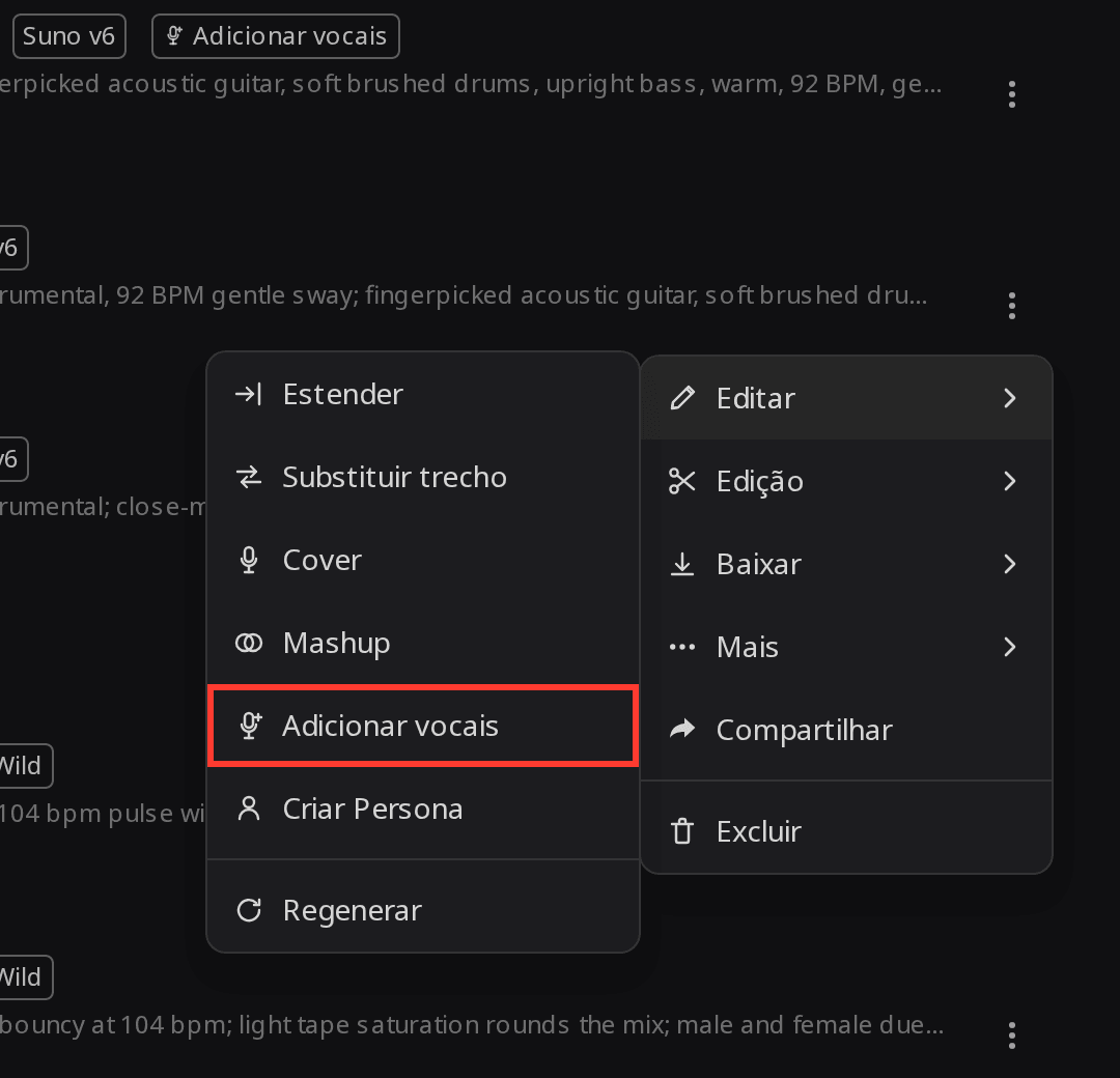 Menu de uma música instrumental no RaoMusic, com o submenu Editar mostrando Estender, Substituir trecho, Cover, Mashup, Adicionar vocais e Criar Persona, e Adicionar vocais destacado em vermelho