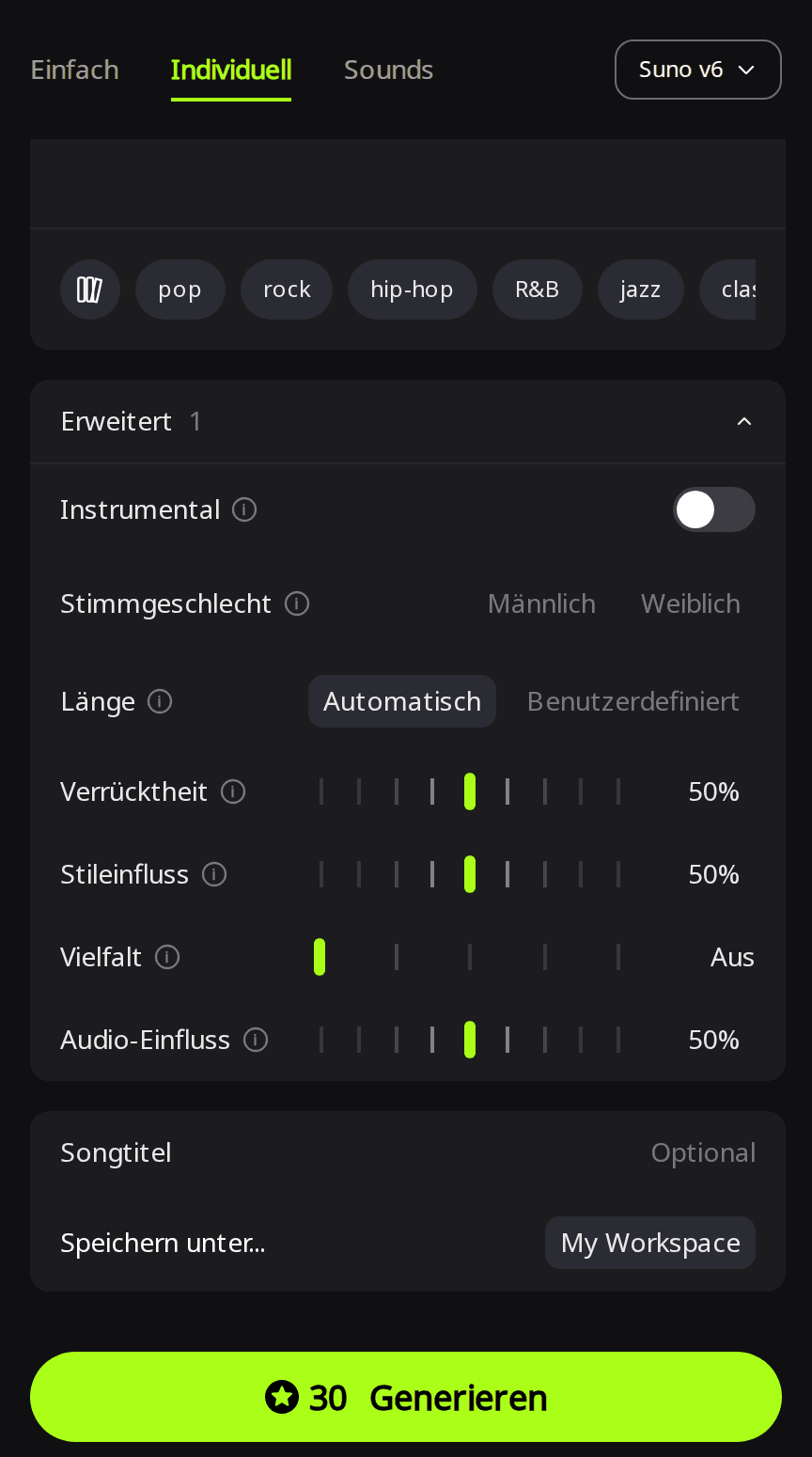 RaoMusic-Bereich Erweitert im Modus Individuell mit Länge auf Automatisch, Vielfalt auf Aus und einem Generieren-Button mit 30 Credits für Suno v6