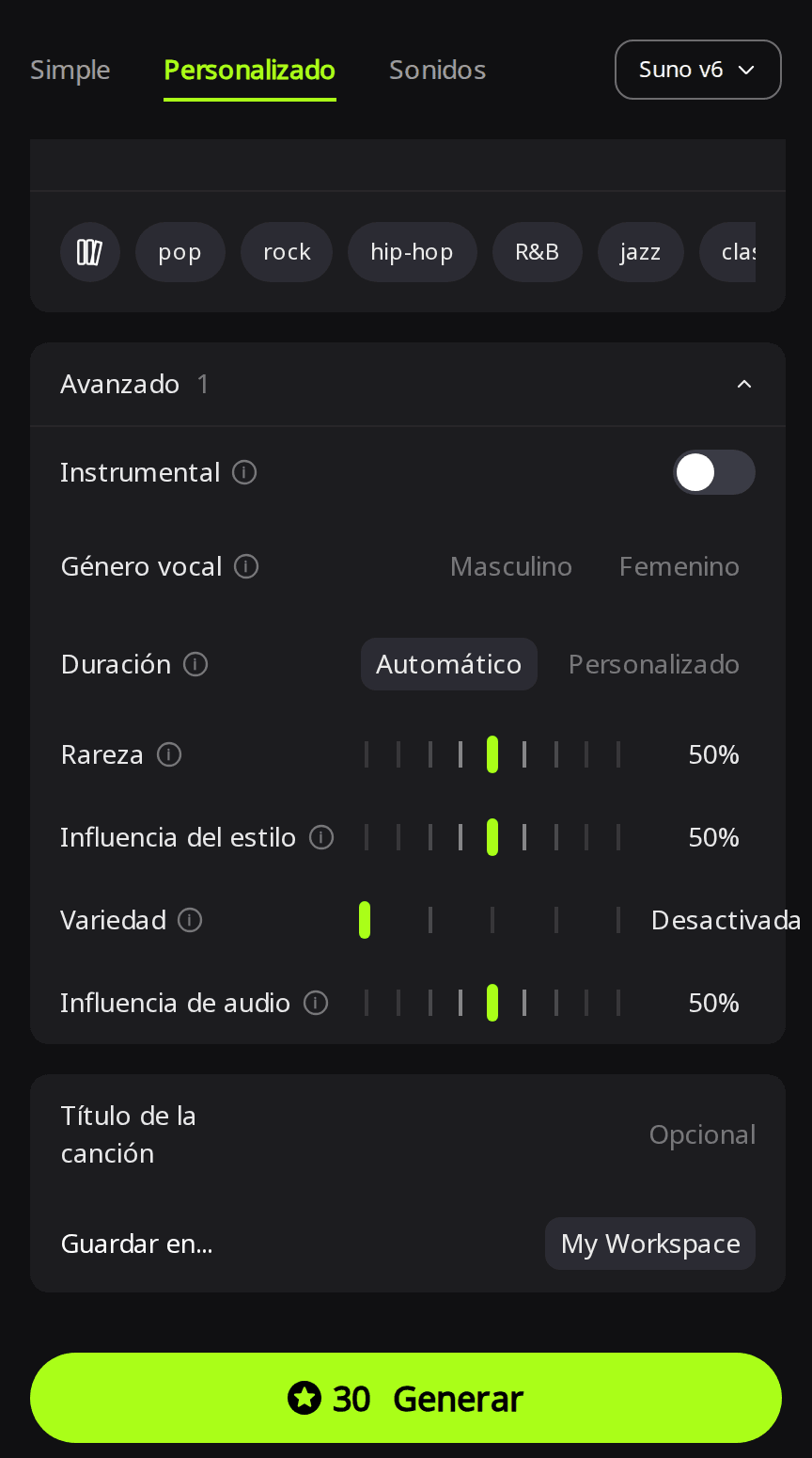 Panel Avanzado de RaoMusic en modo Personalizado con Duración en Automático, Variedad en Desactivada y el botón Generar con 30 créditos para Suno v6