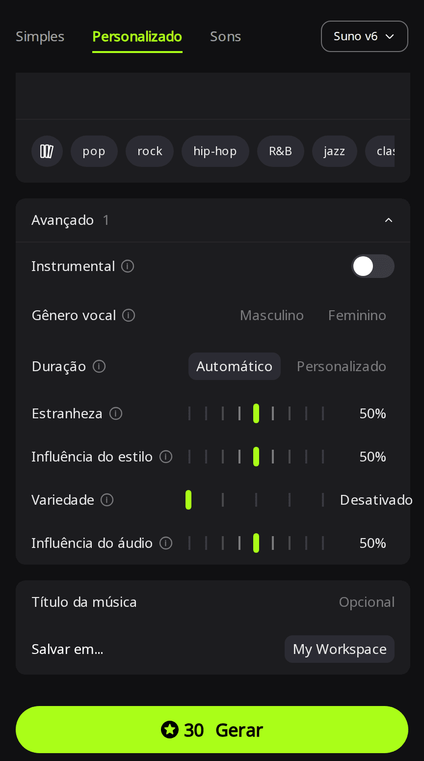 Painel Avançado da RaoMusic no modo Personalizado com Duração em Automático, Variedade em Desativado e o botão Gerar mostrando 30 créditos para o Suno v6