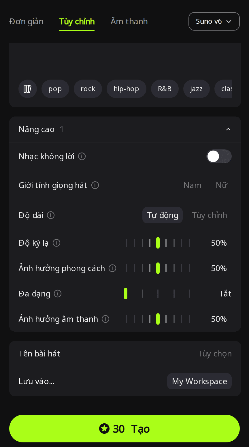 Bảng Nâng cao của RaoMusic ở chế độ Tùy chỉnh với Độ dài đặt Tự động, Đa dạng đặt Tắt và nút Tạo hiển thị 30 điểm cho Suno v6