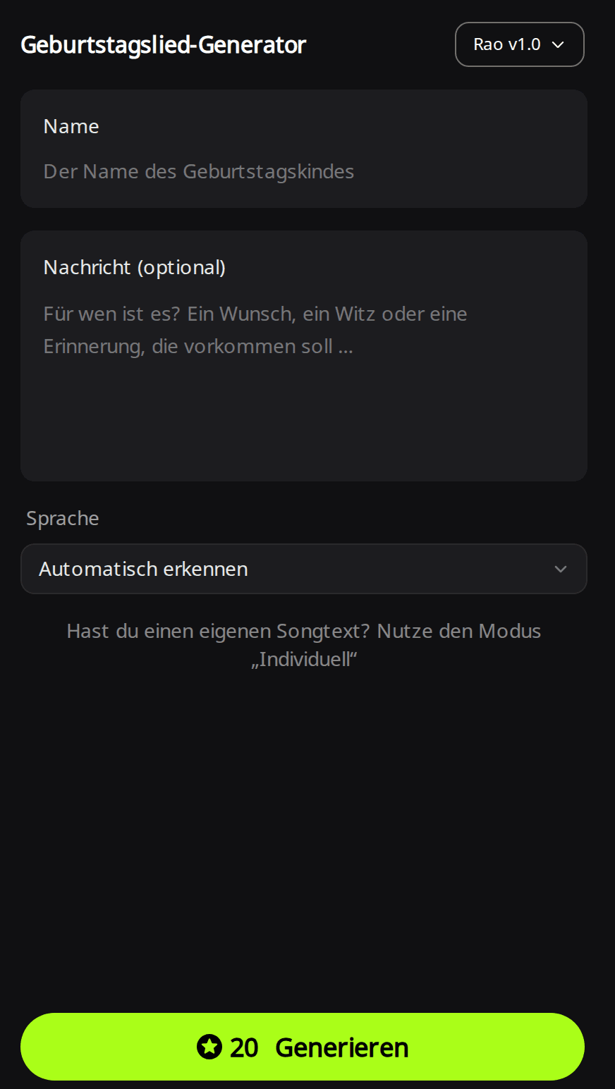 Formular des RaoMusic-Geburtstagslied-Generators mit dem Feld Name, dem Feld Nachricht (optional), dem Menü Sprache auf Automatisch erkennen und einem Generieren-Button mit 20 Credits
