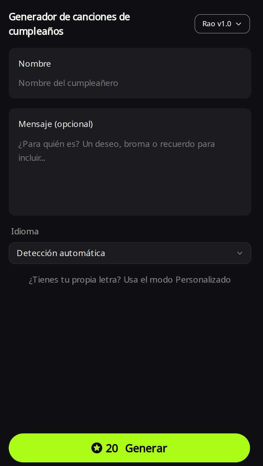 Formulario del Generador de canciones de cumpleaños de RaoMusic con el campo Nombre, el cuadro Mensaje (opcional), el menú Idioma en Detección automática y el botón Generar con 20 créditos