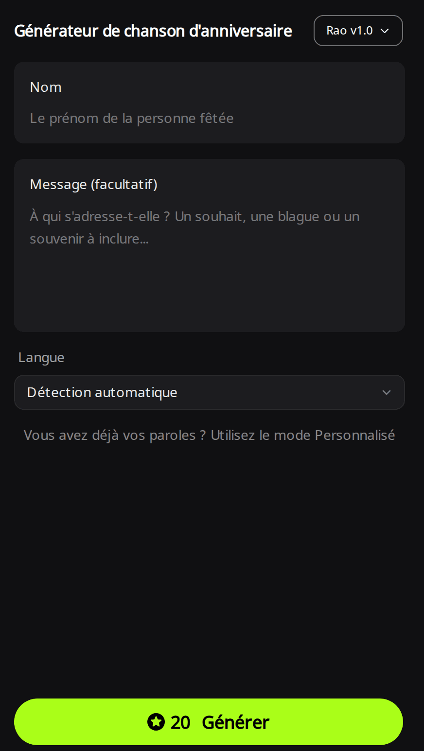 Formulaire du Générateur de chanson d'anniversaire de RaoMusic avec le champ Nom, la zone Message (facultatif), le menu Langue réglé sur Détection automatique et le bouton Générer affichant 20 crédits
