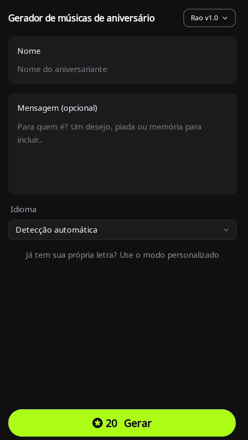 Formulário do Gerador de música de aniversário da RaoMusic com o campo Nome, a caixa Mensagem (opcional), o menu Idioma em Detecção automática e o botão Gerar mostrando 20 créditos