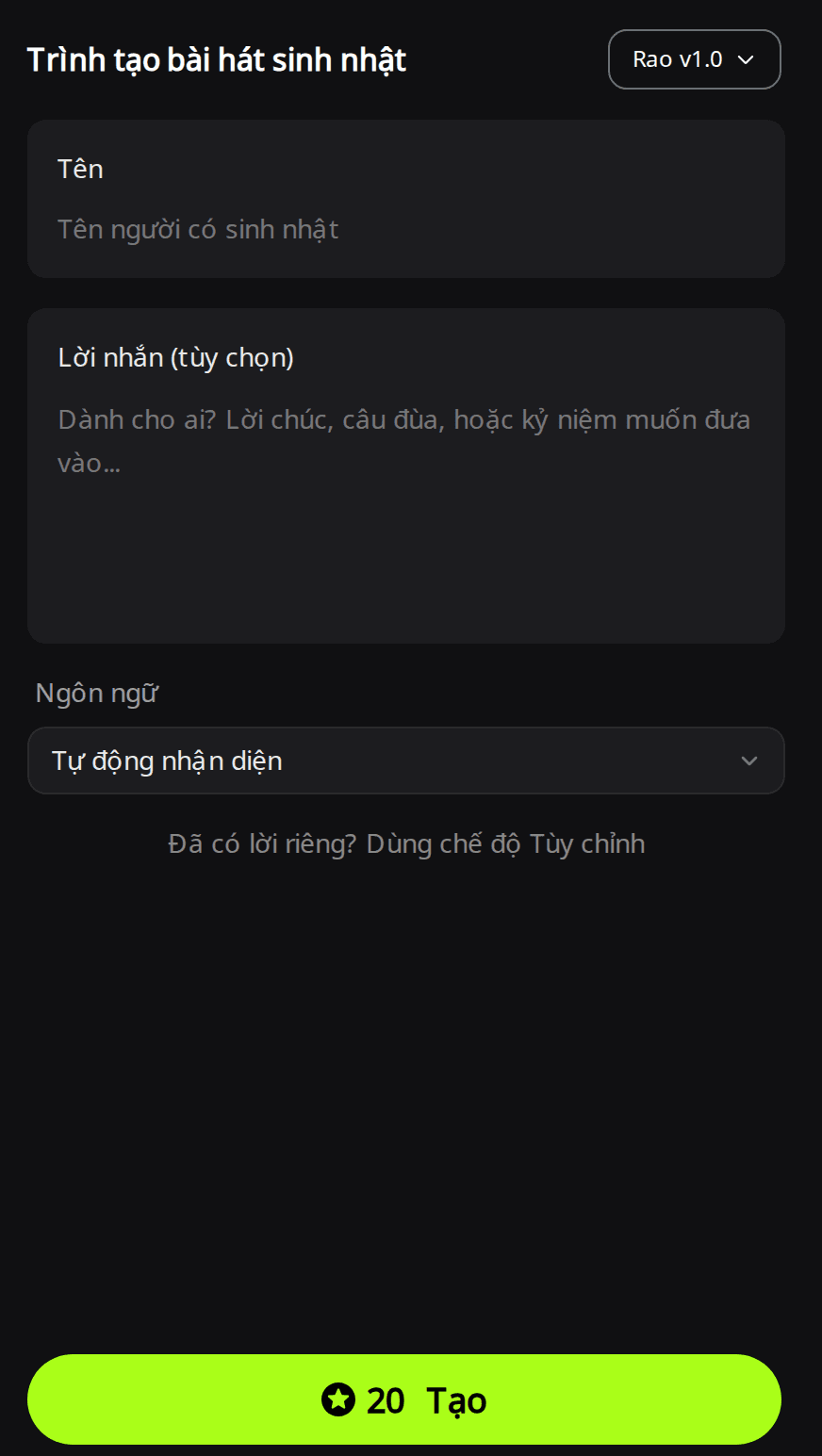 Biểu mẫu Trình tạo bài hát sinh nhật của RaoMusic với ô Tên, ô Lời nhắn (tùy chọn), menu Ngôn ngữ đặt ở Tự động nhận diện và nút Tạo hiển thị 20 điểm
