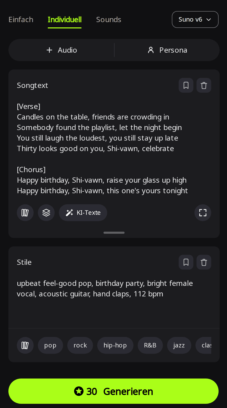 RaoMusic-Seite Erstellen im Modus Individuell mit ausgewähltem Suno v6; im Feld Songtext stehen Strophe und Refrain eines Geburtstagslieds mit dem Namen als Shi-vawn, im Feld Stile eine Party-Pop-Stilzeile