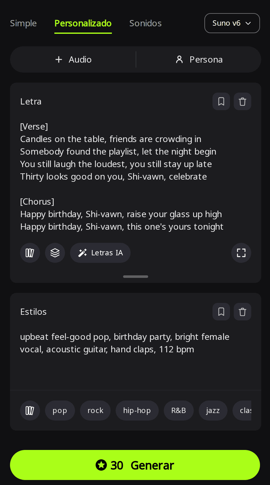 Página Crear de RaoMusic en modo Personalizado con Suno v6 seleccionado, el cuadro Letra con una estrofa y un estribillo de cumpleaños con el nombre escrito Shi-vawn, y una línea de estilo de pop fiestero en el cuadro Estilos